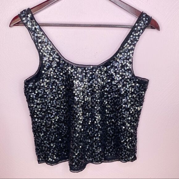 Express Sequin Scoop Neck Cropped Tank Top Black Silver Small - Picture 7 of 9